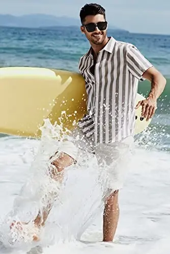 JMIERR Men's Casual Stylish Short Sleeve Button-Up Striped Dress Shirts Cotton Beach Shirt - 4