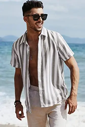 JMIERR Men's Casual Stylish Short Sleeve Button-Up Striped Dress Shirts Cotton Beach Shirt - 5