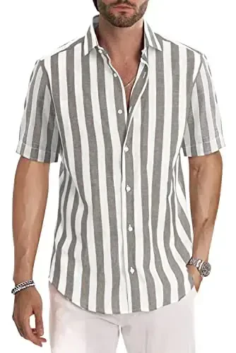 JMIERR Men's Casual Stylish Short Sleeve Button-Up Striped Dress Shirts Cotton Beach Shirt - MODAZONE