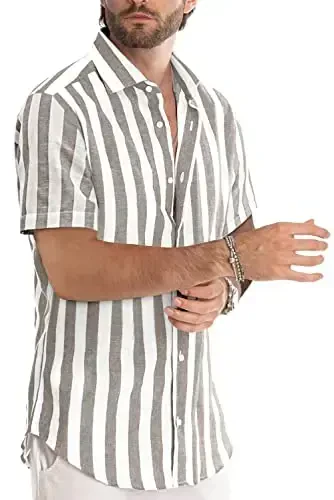 JMIERR Men's Casual Stylish Short Sleeve Button-Up Striped Dress Shirts Cotton Beach Shirt - 3