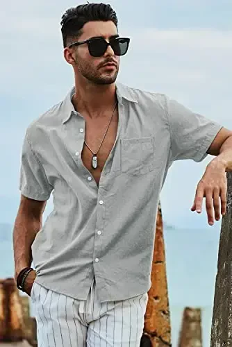 JMIERR Men's Casual Stylish Short Sleeve Button-Up Striped Dress Shirts Cotton Beach Shirt - 6