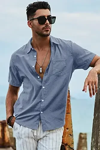 JMIERR Men's Casual Stylish Short Sleeve Button-Up Striped Dress Shirts Cotton Beach Shirt - 6