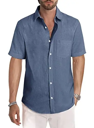 JMIERR Men‘s Linen Shirts Short Sleeve Summer Button Down Casual Beach Hawaiian Shirt with Pocket - 2