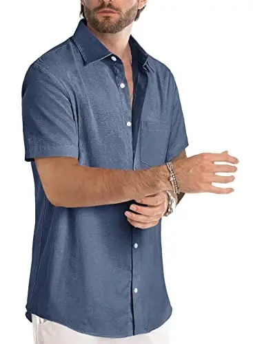 JMIERR Men‘s Linen Shirts Short Sleeve Summer Button Down Casual Beach Hawaiian Shirt with Pocket - 3