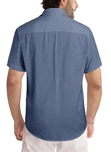 JMIERR Men‘s Linen Shirts Short Sleeve Summer Button Down Casual Beach Hawaiian Shirt with Pocket - 4