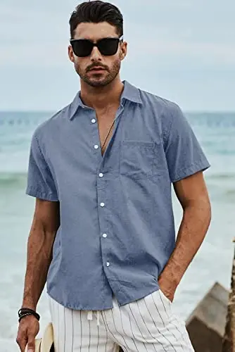 JMIERR Men‘s Linen Shirts Short Sleeve Summer Button Down Casual Beach Hawaiian Shirt with Pocket - 5