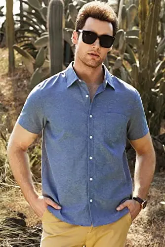 JMIERR Men‘s Linen Shirts Short Sleeve Summer Button Down Casual Beach Hawaiian Shirt with Pocket - 7