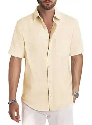 JMIERR Men‘s Linen Shirts Short Sleeve Summer Button Down Casual Beach Hawaiian Shirt with Pocket 