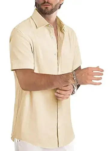 JMIERR Men‘s Linen Shirts Short Sleeve Summer Button Down Casual Beach Hawaiian Shirt with Pocket - 2