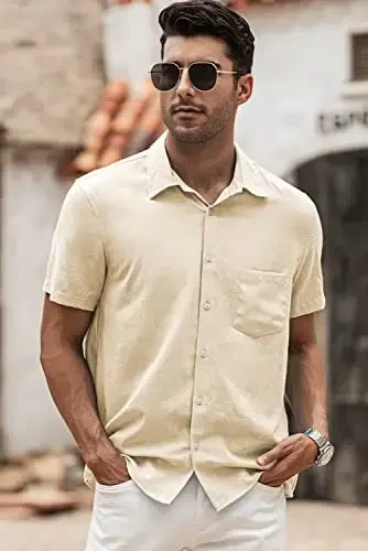 JMIERR Men‘s Linen Shirts Short Sleeve Summer Button Down Casual Beach Hawaiian Shirt with Pocket - 4