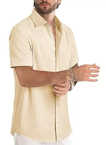 JMIERR Men's Casual Stylish Short Sleeve Button-Up Striped Dress Shirts Cotton Beach Shirt - 2