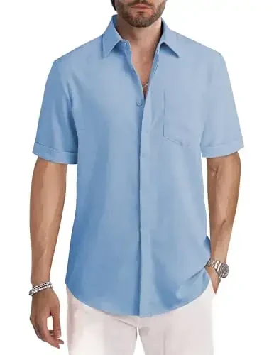 JMIERR Men's Casual Stylish Short Sleeve Button-Up Striped Dress Shirts Cotton Beach Shirt 