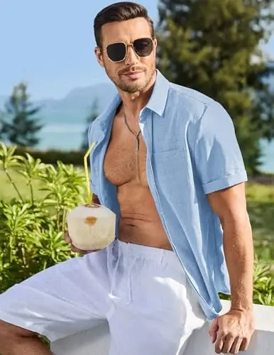 JMIERR Men's Casual Stylish Short Sleeve Button-Up Striped Dress Shirts Cotton Beach Shirt - 3