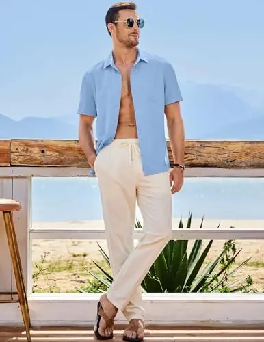 JMIERR Men's Casual Stylish Short Sleeve Button-Up Striped Dress Shirts Cotton Beach Shirt - 5