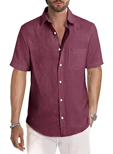 JMIERR Men‘s Linen Shirts Short Sleeve Summer Button Down Casual Beach Hawaiian Shirt with Pocket 