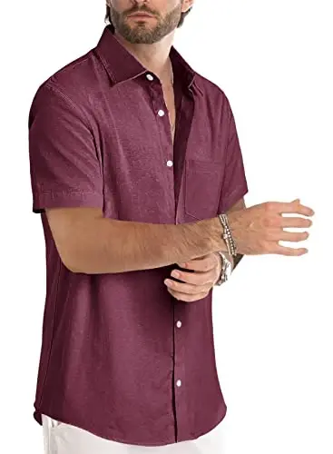 JMIERR Men‘s Linen Shirts Short Sleeve Summer Button Down Casual Beach Hawaiian Shirt with Pocket - 2