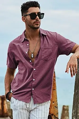 JMIERR Men‘s Linen Shirts Short Sleeve Summer Button Down Casual Beach Hawaiian Shirt with Pocket - 5