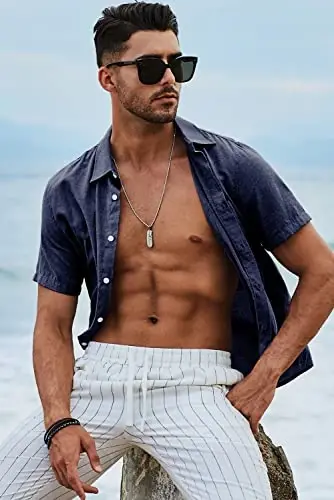 JMIERR Men's Casual Stylish Short Sleeve Button-Up Striped Dress Shirts Cotton Beach Shirt - 6