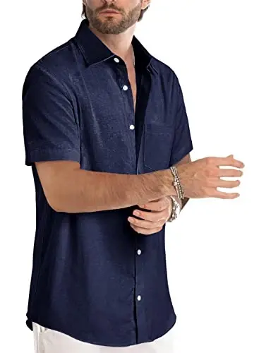JMIERR Men's Casual Stylish Short Sleeve Button-Up Striped Dress Shirts Cotton Beach Shirt - 2