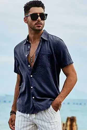 JMIERR Men's Casual Stylish Short Sleeve Button-Up Striped Dress Shirts Cotton Beach Shirt - 4