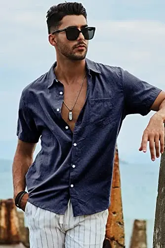JMIERR Men's Casual Stylish Short Sleeve Button-Up Striped Dress Shirts Cotton Beach Shirt - 5