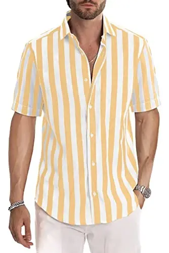 JMIERR Men's Casual Stylish Short Sleeve Button-Up Striped Dress Shirts Cotton Beach Shirt 