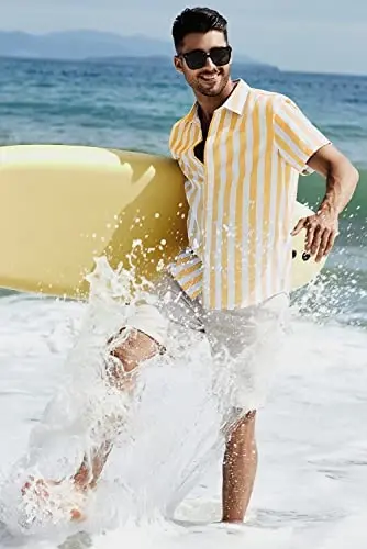 JMIERR Men's Casual Stylish Short Sleeve Button-Up Striped Dress Shirts Cotton Beach Shirt - 5