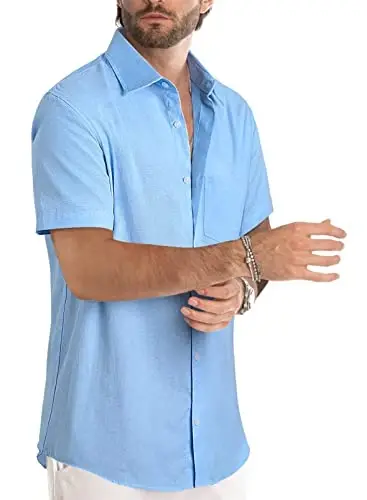 JMIERR Men‘s Linen Shirts Short Sleeve Summer Button Down Casual Beach Hawaiian Shirt with Pocket - 2