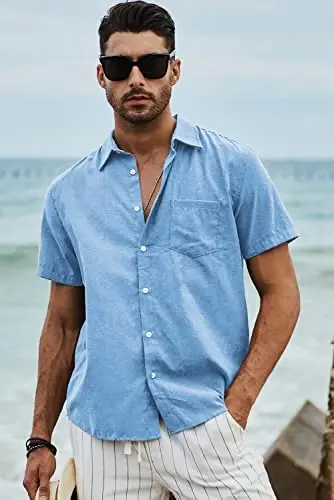 JMIERR Men‘s Linen Shirts Short Sleeve Summer Button Down Casual Beach Hawaiian Shirt with Pocket - 4