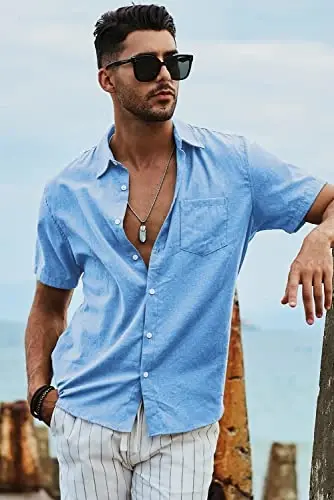 JMIERR Men‘s Linen Shirts Short Sleeve Summer Button Down Casual Beach Hawaiian Shirt with Pocket - 5