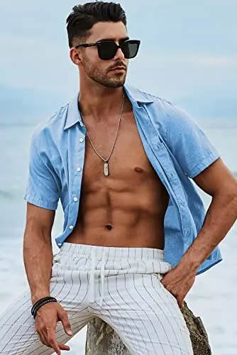 JMIERR Men‘s Linen Shirts Short Sleeve Summer Button Down Casual Beach Hawaiian Shirt with Pocket - 6