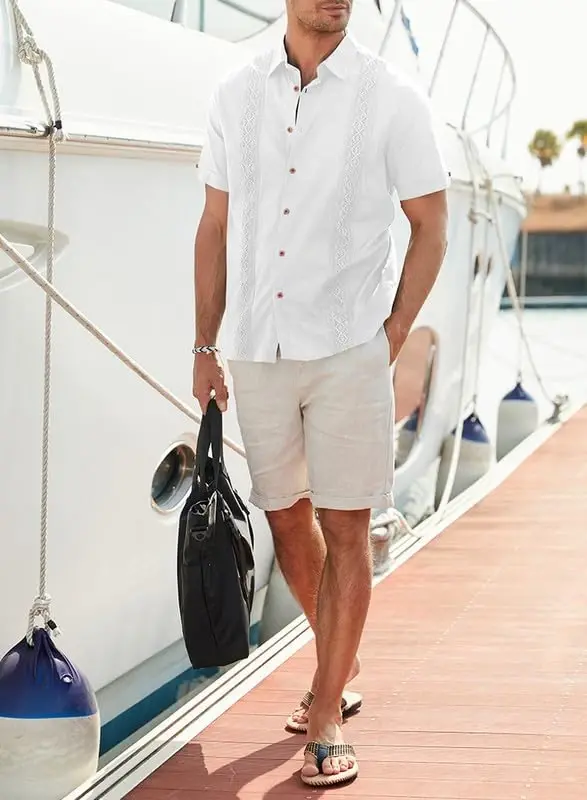 JMIERR Mens Cotton Linen Guayabera Shirts Casual Button Up Short Sleeve Summer Beach Shirt - 2