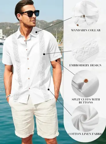 JMIERR Mens Cotton Linen Guayabera Shirts Casual Button Up Short Sleeve Summer Beach Shirt - 4