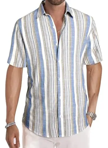 JMIERR Men's Casual Stylish Short Sleeve Button-Up Striped Dress Shirt Cotton Beach Shirts - 1