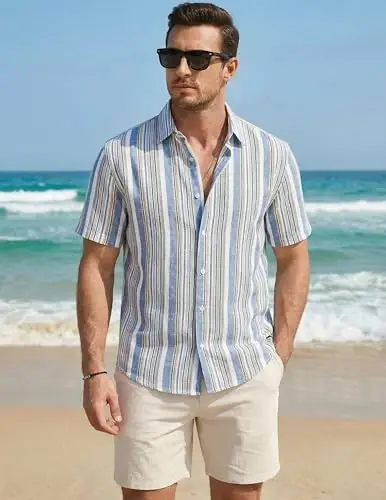JMIERR Men's Casual Stylish Short Sleeve Button-Up Striped Dress Shirt Cotton Beach Shirts - 3