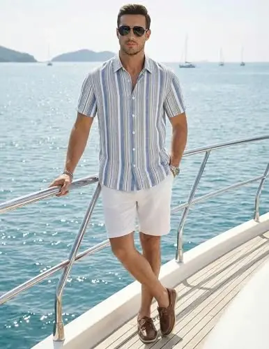 JMIERR Men's Casual Stylish Short Sleeve Button-Up Striped Dress Shirt Cotton Beach Shirts - 6