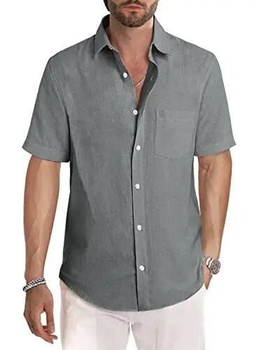 JMIERR Men's Casual Stylish Short Sleeve Button-Up Striped Dress Shirt Cotton Beach Shirts - JMIERR