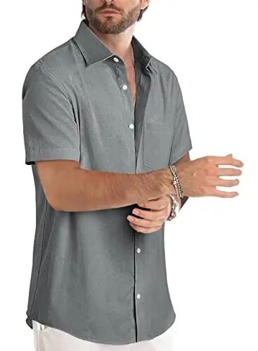 JMIERR Men's Casual Stylish Short Sleeve Button-Up Striped Dress Shirt Cotton Beach Shirts - JMIERR (1)