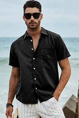 JMIERR Men's Casual Stylish Short Sleeve Button-Up Striped Dress Shirt Cotton Beach Shirts - 3