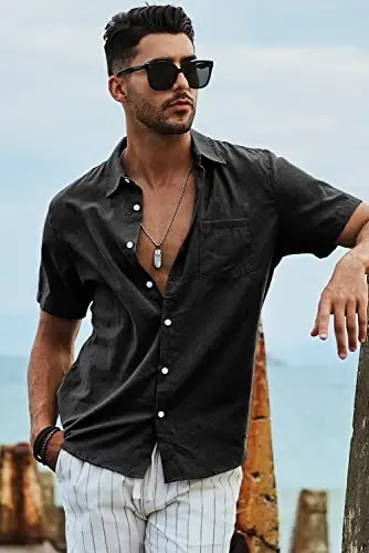 JMIERR Men's Casual Stylish Short Sleeve Button-Up Striped Dress Shirt Cotton Beach Shirts - 5