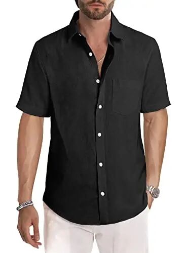 JMIERR Men's Casual Stylish Short Sleeve Button-Up Striped Dress Shirt Cotton Beach Shirts - JMIERR