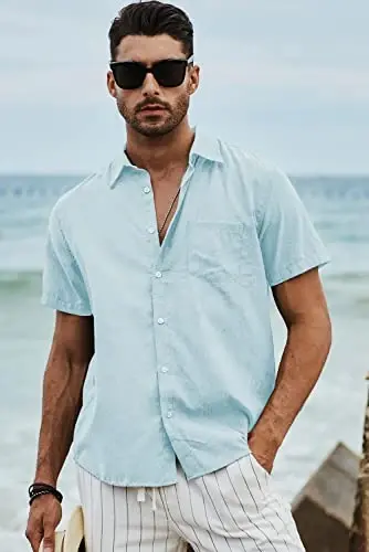 JMIERR Men's Casual Stylish Short Sleeve Button-Up Striped Dress Shirt Cotton Beach Shirts - 3