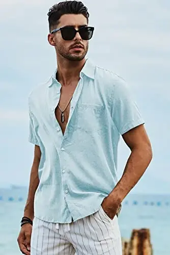 JMIERR Men's Casual Stylish Short Sleeve Button-Up Striped Dress Shirt Cotton Beach Shirts - 5