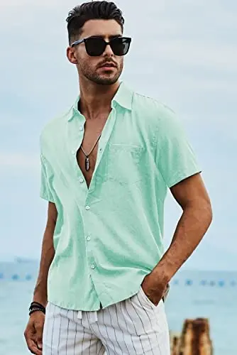 JMIERR Men's Casual Stylish Short Sleeve Button-Up Striped Dress Shirt Cotton Beach Shirts - 3