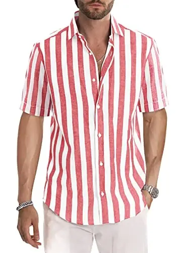 JMIERR Men's Casual Stylish Short Sleeve Button-Up Striped Dress Shirt Cotton Beach Shirts - 1