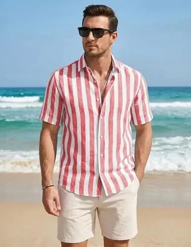 JMIERR Men's Casual Stylish Short Sleeve Button-Up Striped Dress Shirt Cotton Beach Shirts - 2