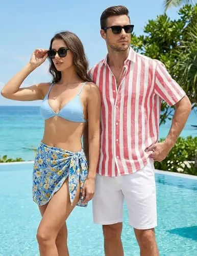 JMIERR Men's Casual Stylish Short Sleeve Button-Up Striped Dress Shirt Cotton Beach Shirts - 3