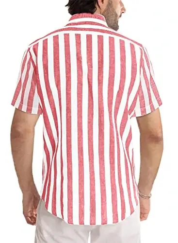 JMIERR Men's Casual Stylish Short Sleeve Button-Up Striped Dress Shirt Cotton Beach Shirts - 4