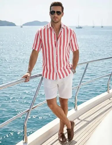 JMIERR Men's Casual Stylish Short Sleeve Button-Up Striped Dress Shirt Cotton Beach Shirts - 5