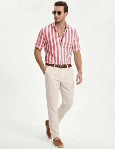 JMIERR Men's Casual Stylish Short Sleeve Button-Up Striped Dress Shirt Cotton Beach Shirts - 6